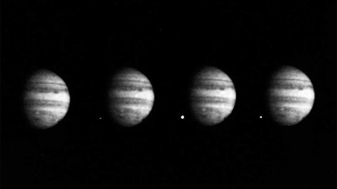 Flashes of light on Jupiter as a fragment of Shoemaker-Levy 9 crashes into Jupiter.